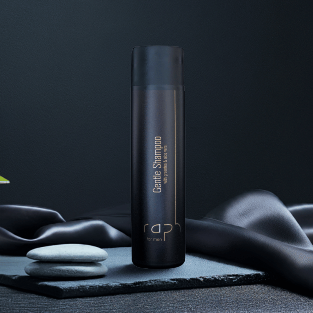 raph for men Gentle Shampoo 250ml, Moodbild, natürliche Pflege mit grünem Tee, Algen, Aloe Vera und Arganöl, hochwertige Formel.